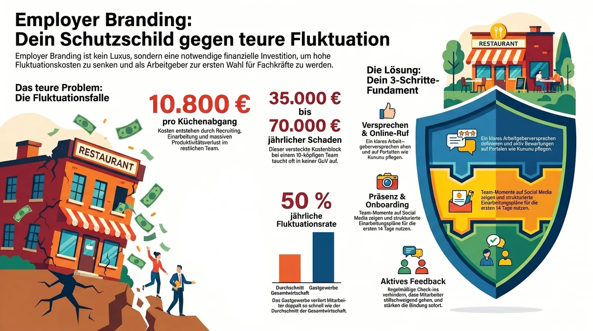 Employer Branding Gastronomie Schutzschild gegen teure Fluktuation – 10.800 Euro pro Küchenabgang, 35.000 bis 70.000 Euro jährlicher Schaden, 50 Prozent Fluktuationsrate