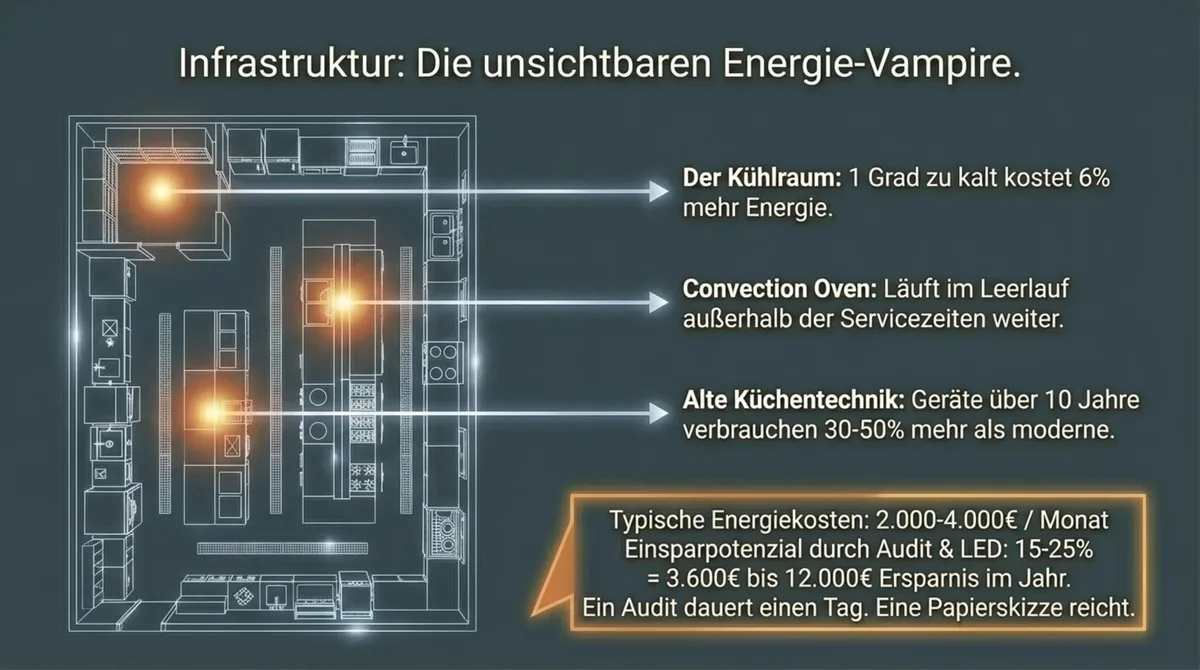 Energie-Vampire in der Restaurantküche: Kühlraum 1 Grad zu kalt kostet 6% mehr, Standby-Geräte und alte Küchentechnik über 10 Jahre
