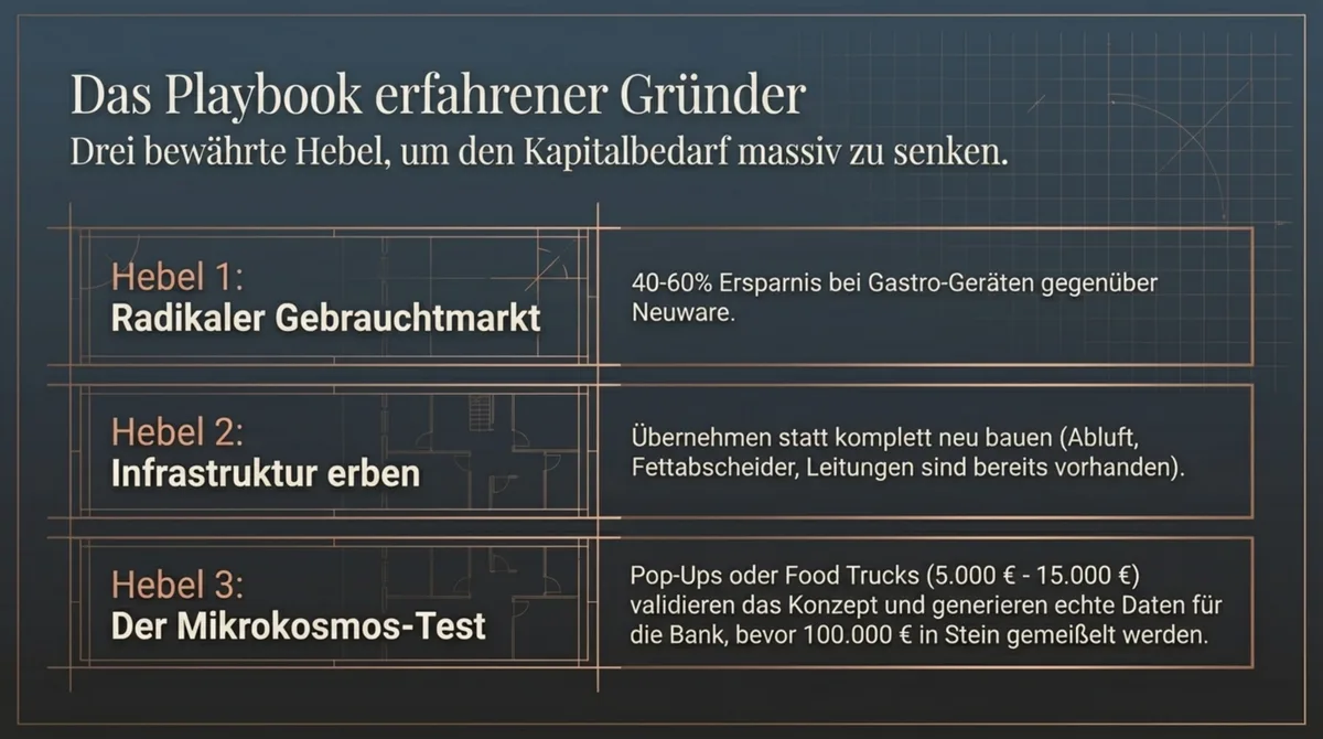 Playbook erfahrener Restaurant-Gründer: 3 Hebel um den Kapitalbedarf zu senken – Gebrauchtmarkt, Infrastruktur erben, Mikrokosmos-Test