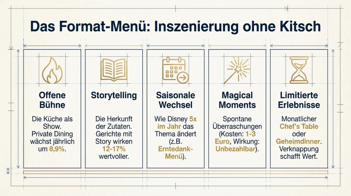 5 Erlebnis-Formate für Restaurants ohne Millionen-Budget: Offene Bühne, Storytelling, saisonale Wechsel, Magical Moments und limitierte Erlebnisse