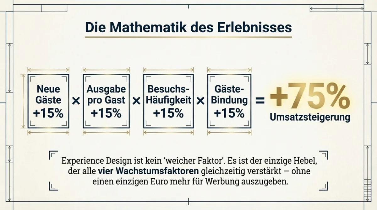 Die Mathematik des Erlebnisses: Jeweils 15 Prozent Verbesserung in den 4 GastroInsider Wachstumsfaktoren ergibt 75 Prozent Umsatzsteigerung