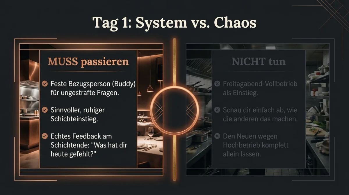 Erster Arbeitstag Gastronomie System vs. Chaos – was MUSS passieren: Buddy, ruhiger Schichteinstieg, echtes Feedback; was zu vermeiden ist: Freitagabend-Vollbetrieb, allein lassen, Zuschauen lernen
