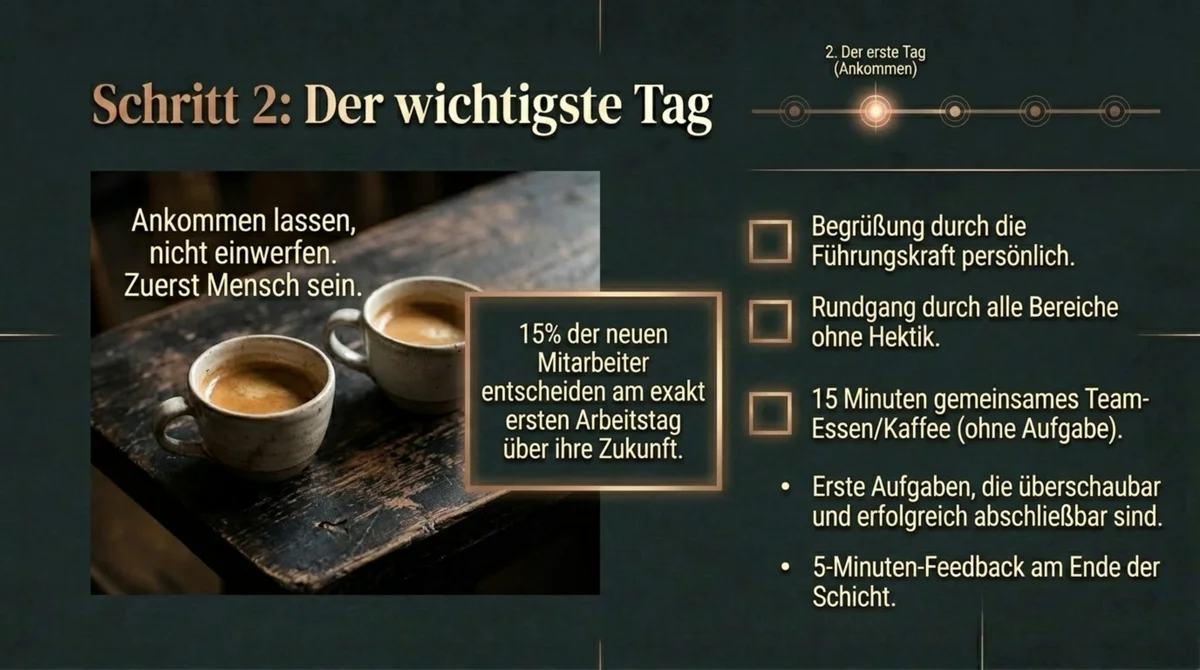 Erster Arbeitstag Restaurant – Mitarbeiter ankommen lassen statt einwerfen: gemeinsamer Kaffee mit dem Team als Einstieg, 15 Minuten ohne Aufgabe und Druck