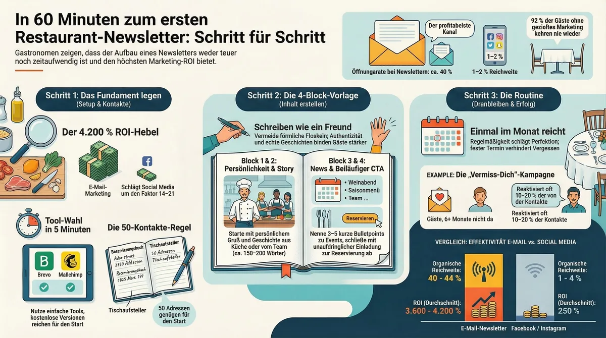 Erster Restaurant-Newsletter Infografik: 3 Schritte in 60 Minuten — Tool wählen, 4-Block-Vorlage ausfüllen, Einmal-im-Monat-Routine