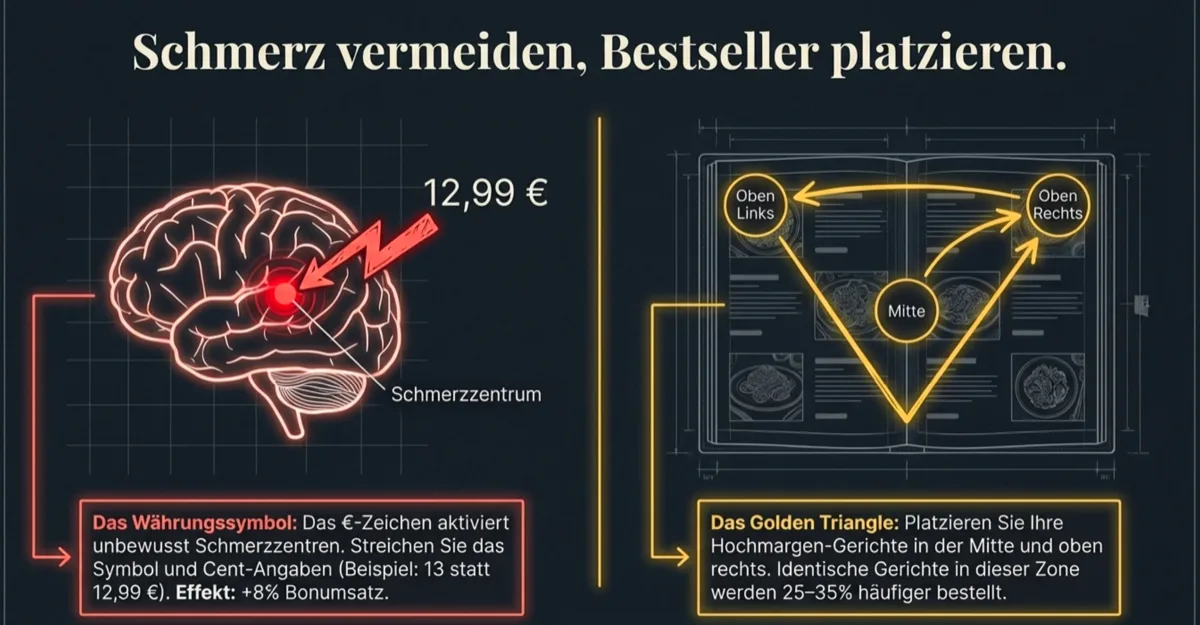 Das €-Zeichen aktiviert Schmerzzentren im Gehirn — Bestseller gehören ins Golden Triangle der Speisekarte für 25-35% mehr Bestellungen