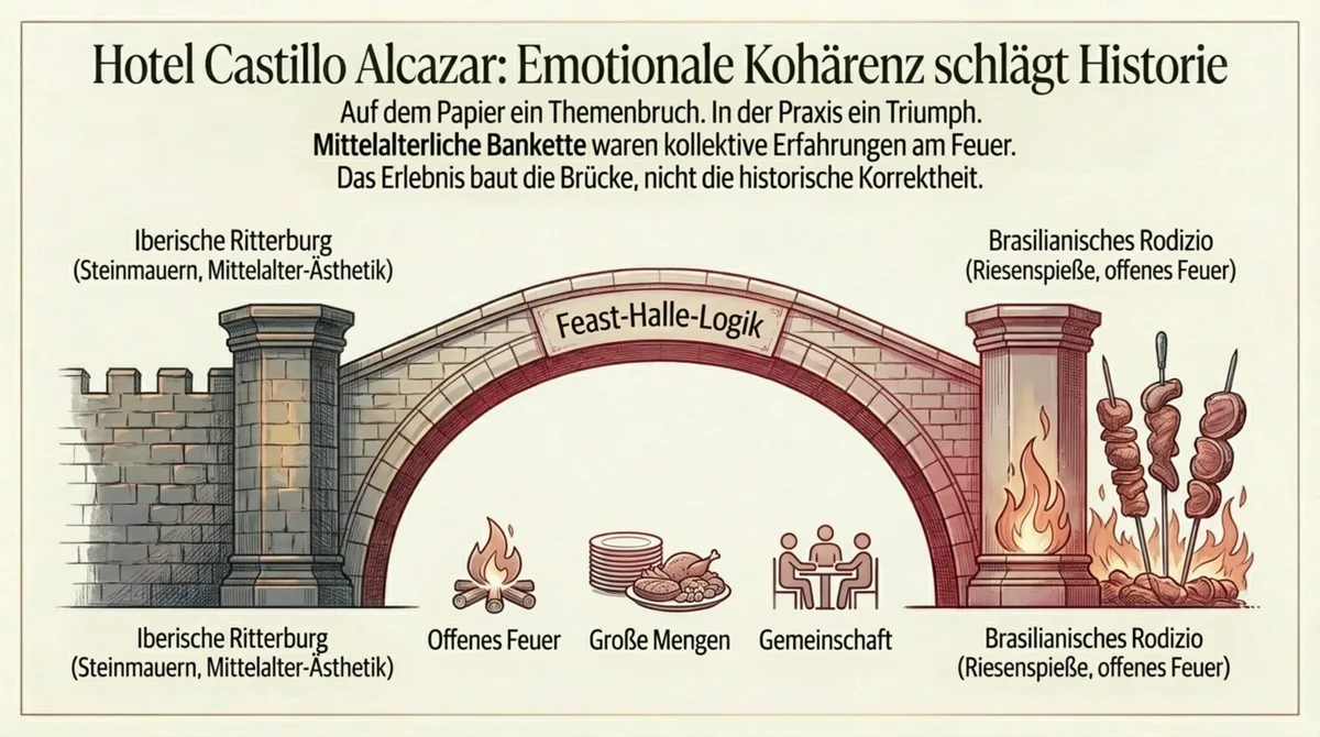 Infografik Hotel Castillo Alcazar Europa-Park – Feast-Halle-Logik verbindet iberische Ritterburg mit brasilianischem Rodizio durch emotionale Kohärenz