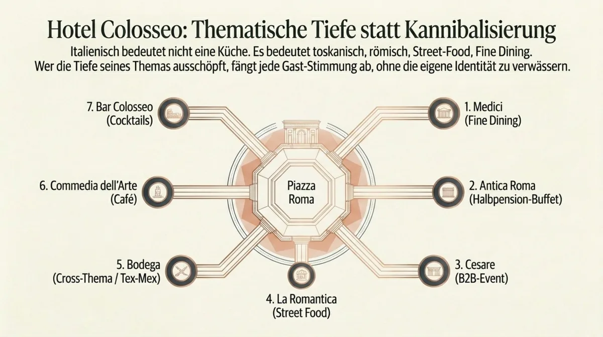 Infografik Hotel Colosseo Europa-Park – Piazza Roma als Zentrum mit sieben F&B-Outlets, die nicht auf derselben Zielgruppen-Ebene konkurrieren
