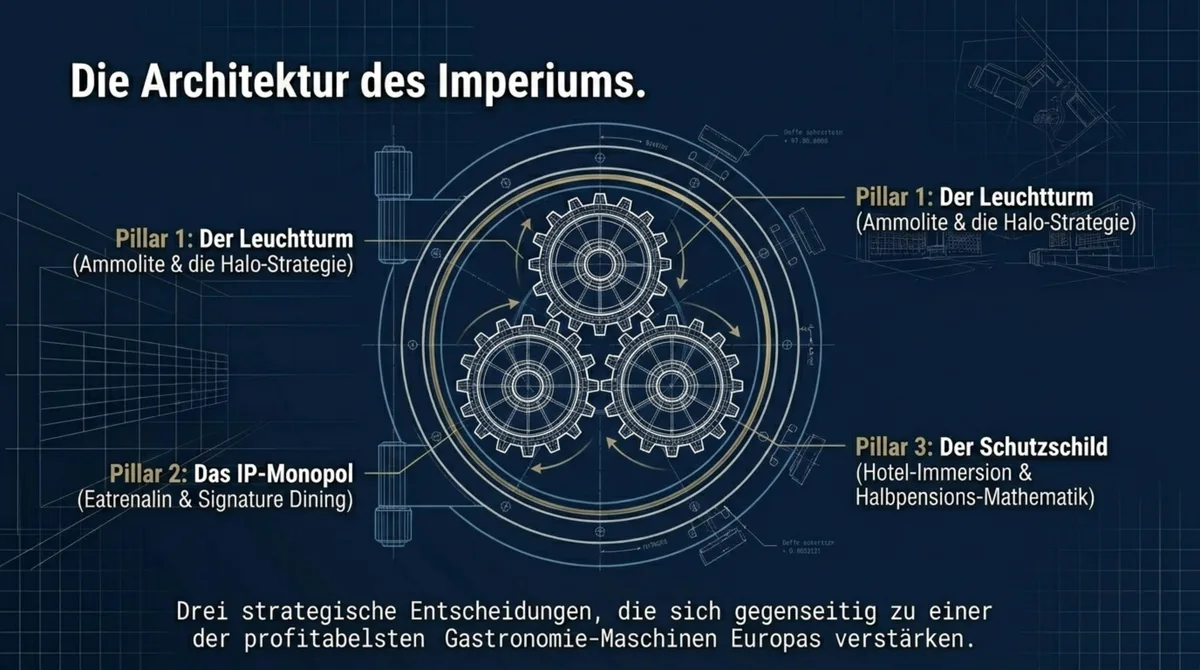 Europa-Park Gastronomie-Strategie – drei strategische Hebel: Ammolite Halo-Strategie, Eatrenalin IP-Monopol und Hotel-Immersion Schutzschild