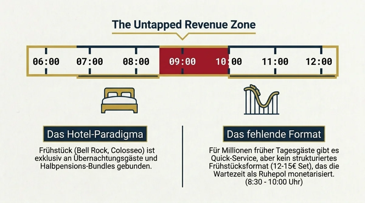 Europa-Park Untapped Revenue Zone: Das Frühstücks-Fenster 09:00 bis 10:00 Uhr für Tagesgäste ist unbesetzt – Hotel-Frühstück für Übernachtungsgäste vs. fehlendes Set-Format für früh anreisende Tagesgäste