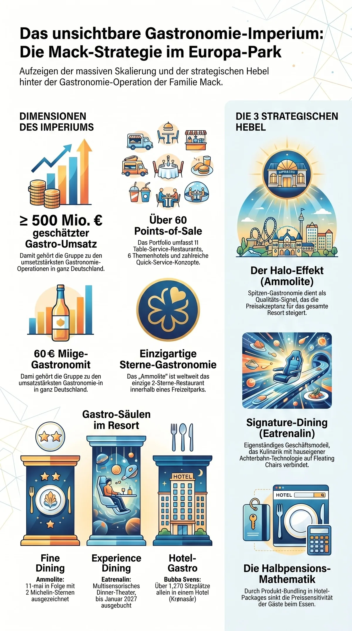 Europa-Park Gastronomie-Strategie Infografik – Dimensionen des Imperiums, drei strategische Hebel und Lektionen für inhabergeführte Gastronomen
