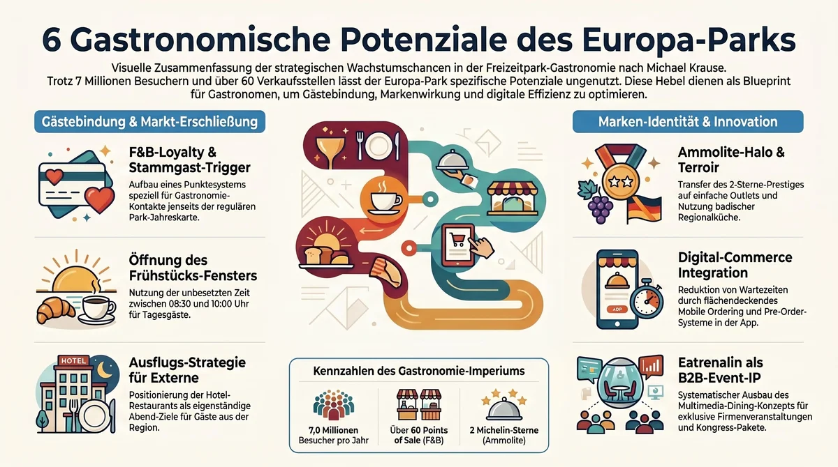 6 gastronomische Potenziale des Europa-Parks: Übersicht F&B-Loyalty, Frühstücks-Fenster, Ausflugs-Strategie für Externe, Ammolite-Halo-Transfer, Digital-Commerce-Integration, Eatrenalin B2B