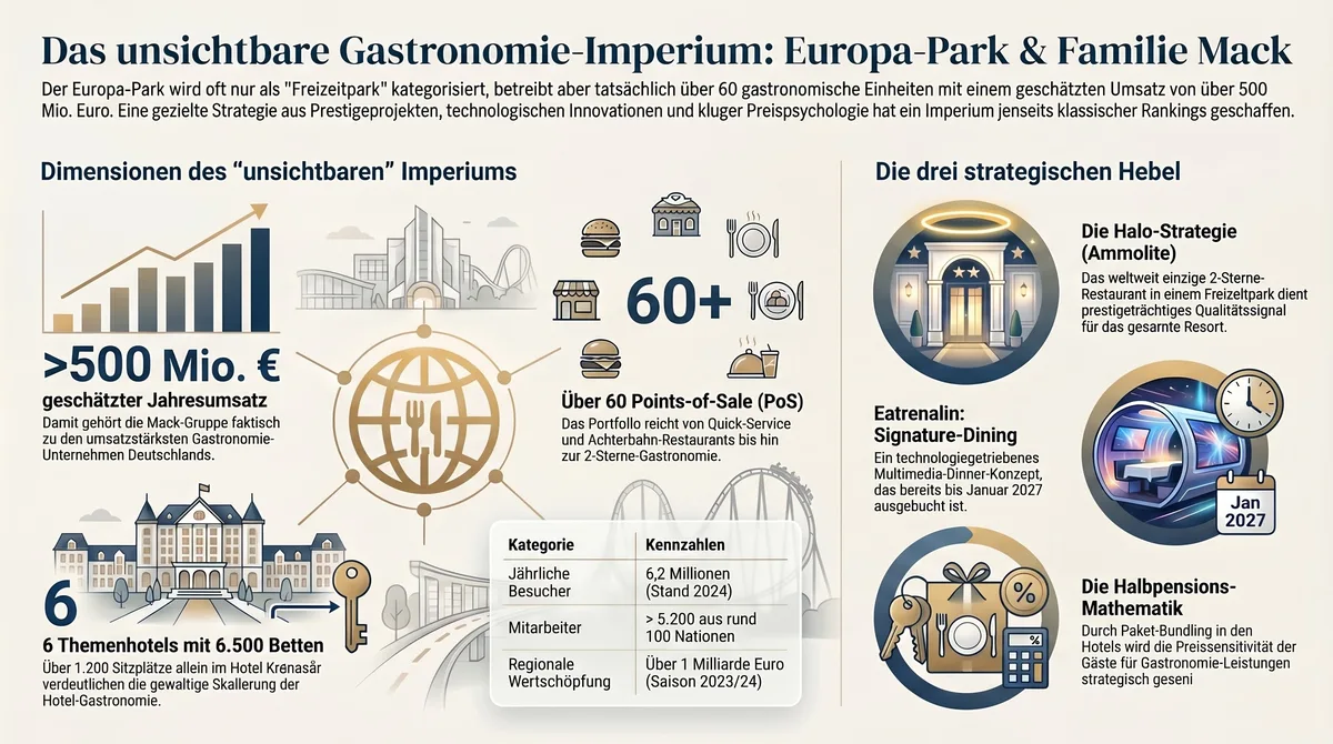 Europa-Park Gastronomie-Strategie: Halo-Strategie Ammolite, Eatrenalin Signature Dining bis 2027, Hotel-Gastronomie Halbpensions-Mathematik im Überblick
