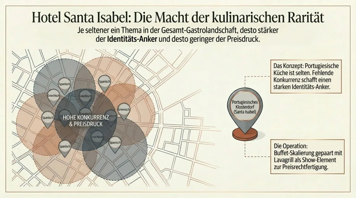 Infografik Hotel Santa Isabel Europa-Park – portugiesische Küche als seltenes Thema in der Gastrolandschaft, Rarität eliminiert Preisdruck und schafft Identitäts-Anker