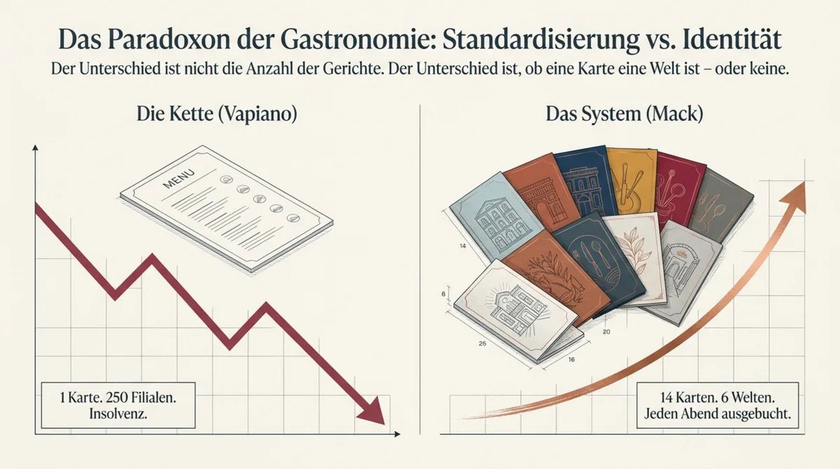 Infografik: Das Paradoxon der Gastronomie – Vapiano 1 Karte 235 Filialen Insolvenz, Mack 14 Karten 6 Welten jeden Abend ausgebucht