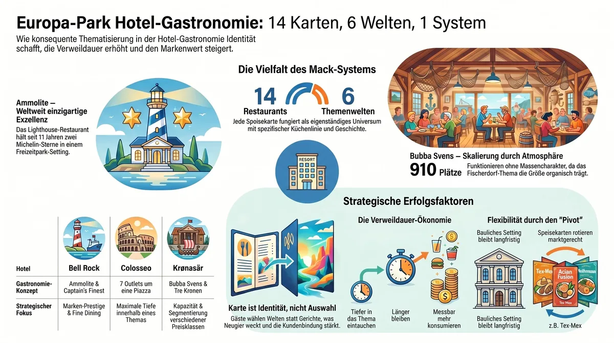 Infografik strategische Erfolgsfaktoren Europa-Park Hotel-Gastronomie: Ammolite Exzellenz, 14 Restaurants 6 Themenwelten, Bubba Svens 910 Plätze, Verweildauer-Ökonomie