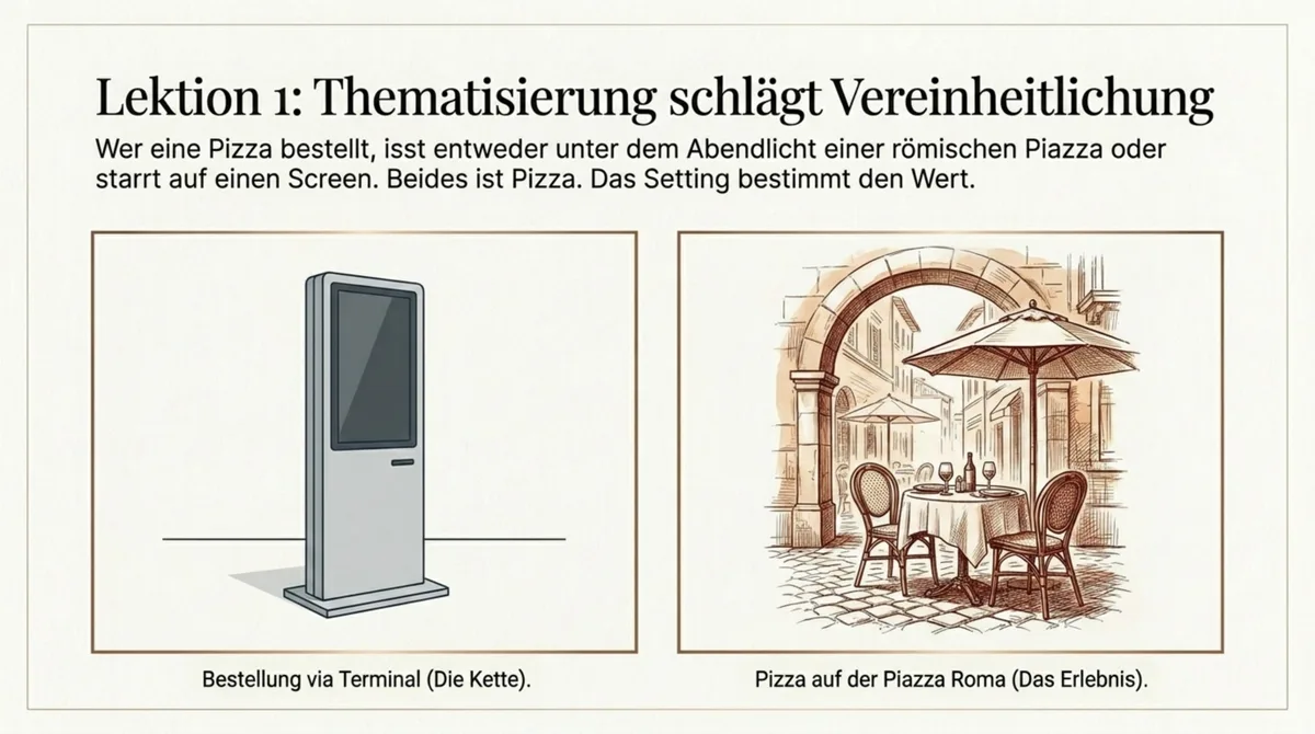 Infografik: Thematisierung schlägt Vereinheitlichung – Pizza per Touch-Screen-Terminal (die Kette) versus Pizza unter dem Abendlicht der Piazza Roma (das Erlebnis)