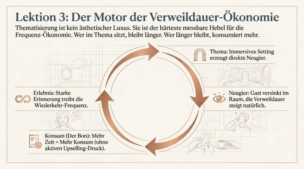 Infografik Verweildauer-Ökonomie Motor: Thematisierung erzeugt Neugier, erhöht Verweildauer, steigert Bon, führt zu Wiederkehr – ohne aktives Upselling