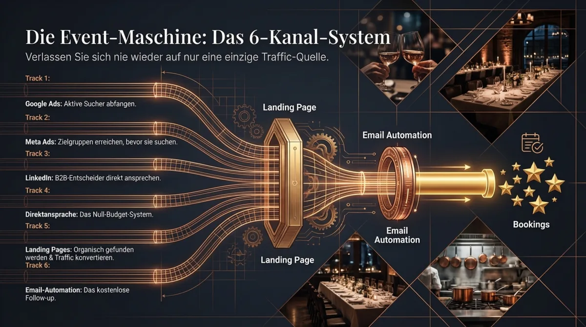 Die Event-Maschine: Das 6-Kanal-System — Google Ads, Meta Ads, LinkedIn, Direktansprache, Landing Pages und Email-Automation zu Bookings