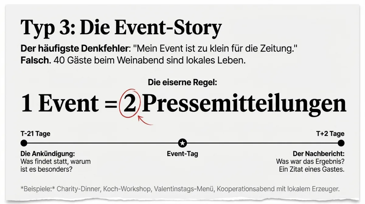 Die Event-Story-Regel: 1 Event = 2 Pressemitteilungen – Ankündigung 21 Tage vorher und Nachbericht 2 Tage danach