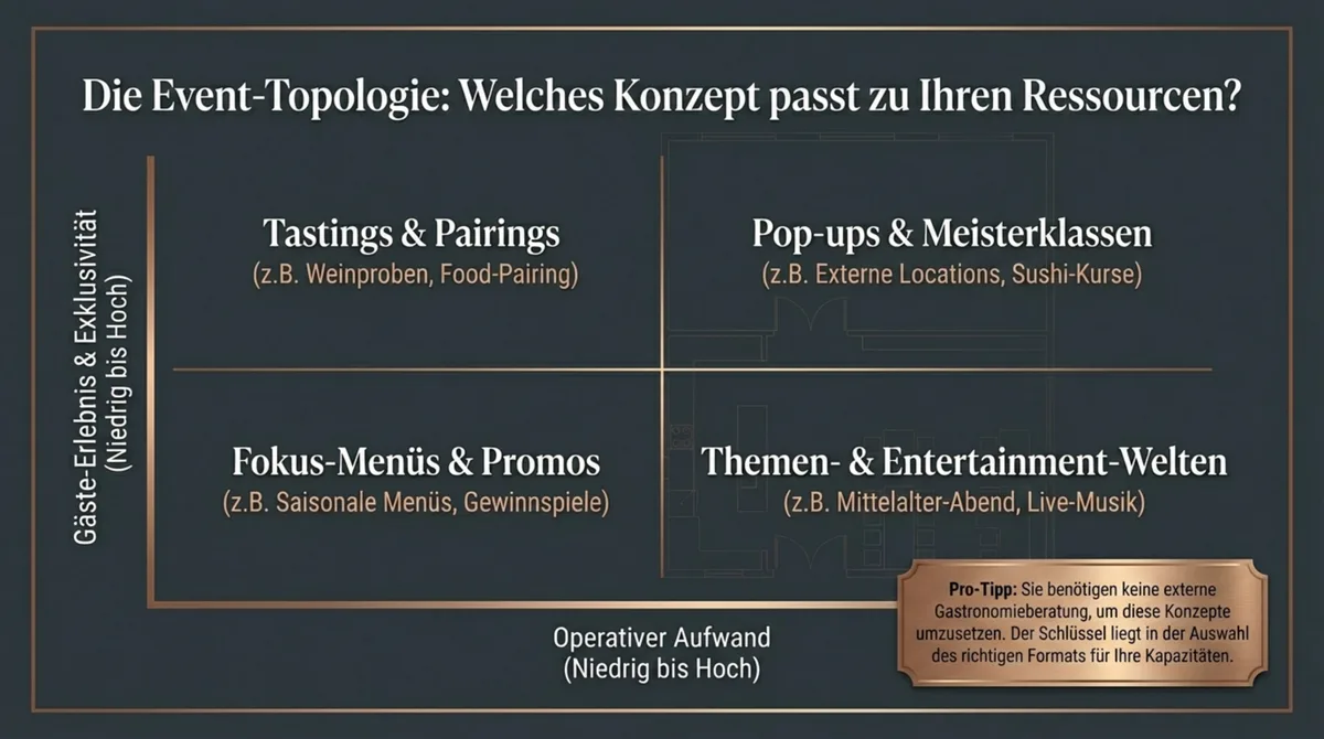 Die Event-Topologie Matrix: 4 Restaurant-Event-Konzepte sortiert nach Aufwand und Gäste-Erlebnis