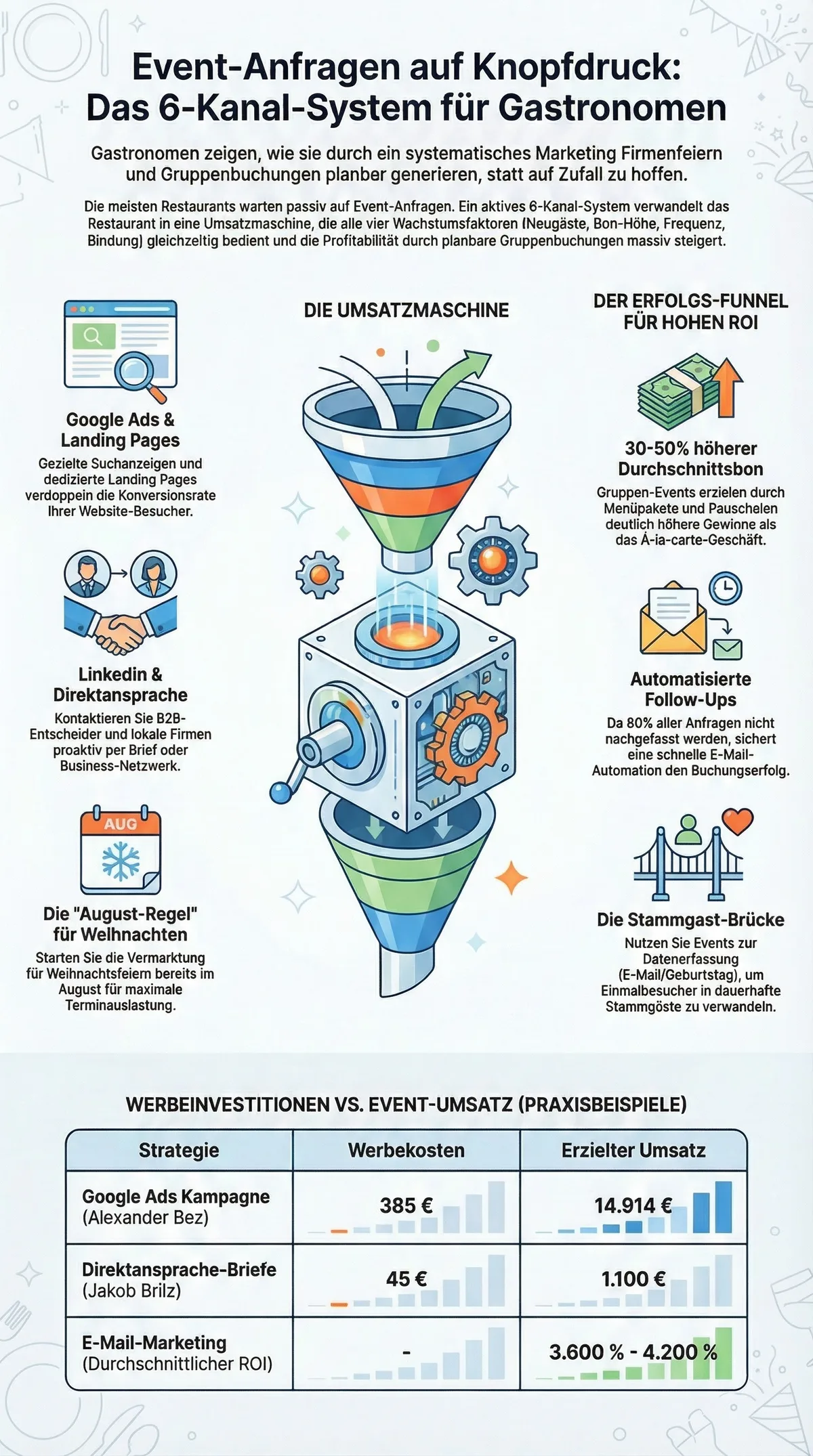 Eventanfragen Restaurant Infografik: Das 6-Kanal-System mit Google Ads, Landing Pages, LinkedIn, Direktansprache, Follow-Ups und Stammgast-Brücke