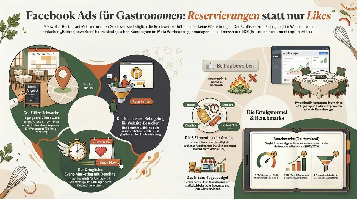 Facebook Ads Gastronomie: Komplette Übersicht aller 3 Kampagnentypen, Benchmarks und Erfolgsformel für Restaurants