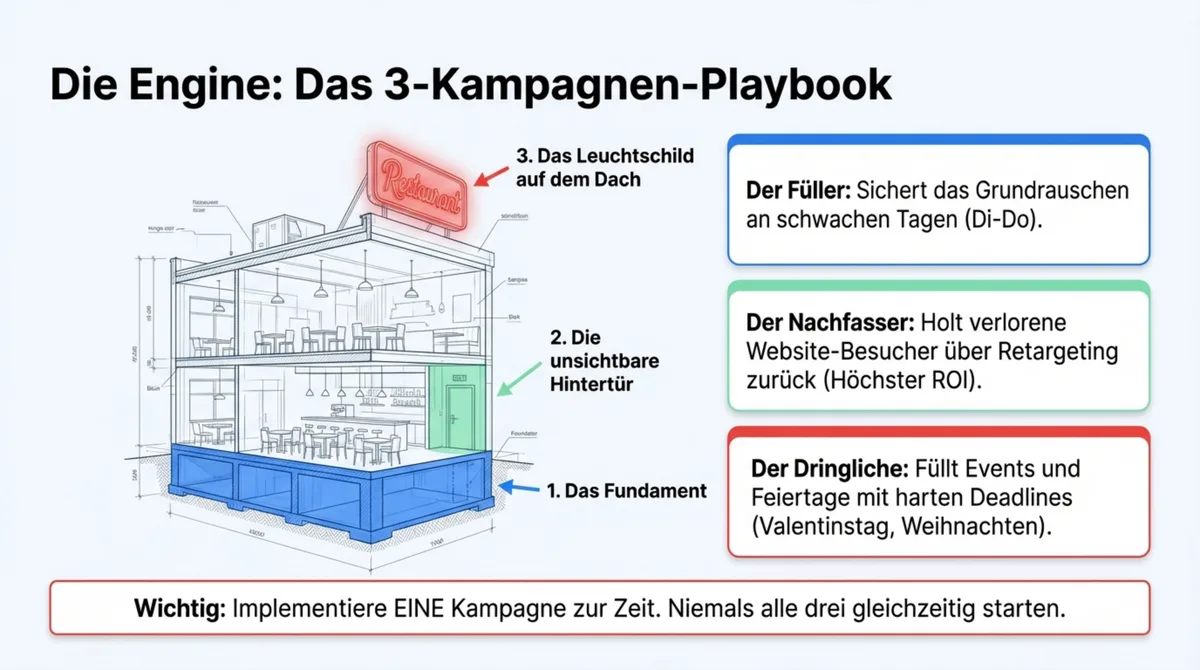 Das 3-Kampagnen-System für Restaurants: Der Füller, Der Nachfasser und Der Dringliche als Gebäude-Architektur
