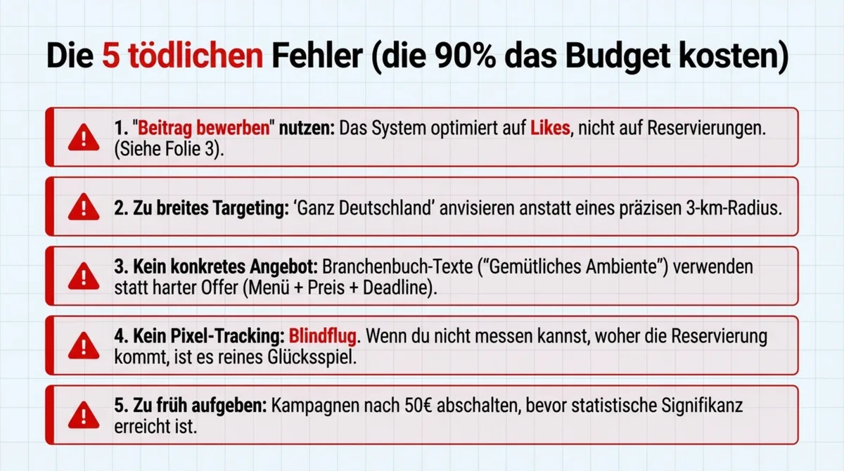 Die 5 tödlichen Facebook Ads Fehler für Restaurants: Beitrag bewerben, zu breites Targeting, kein Pixel-Tracking
