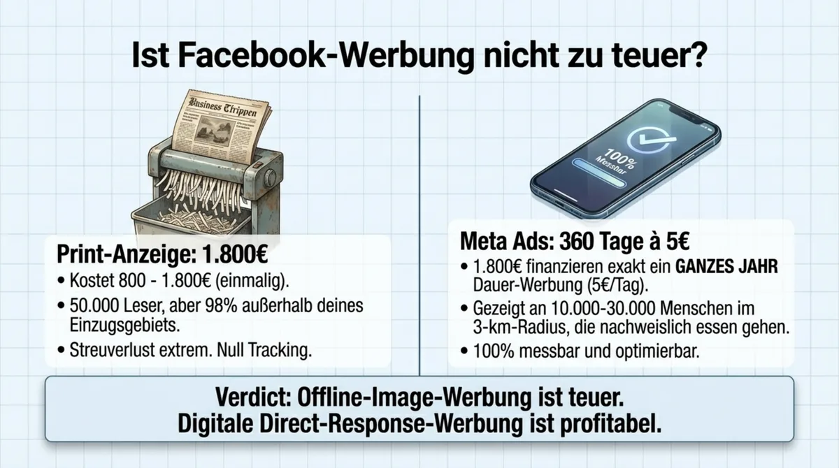 Facebook Ads vs. Zeitungsanzeige Restaurant: 1.800€ Print mit Null-Tracking vs. 360 Tage Meta Ads messbar