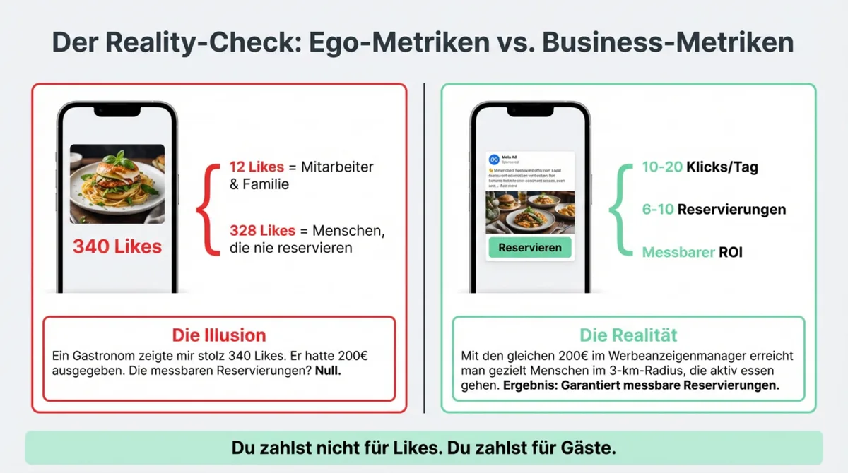 Facebook Ads Restaurant Reality-Check: 340 Likes mit 200€ vs. messbare Reservierungen im Werbeanzeigenmanager