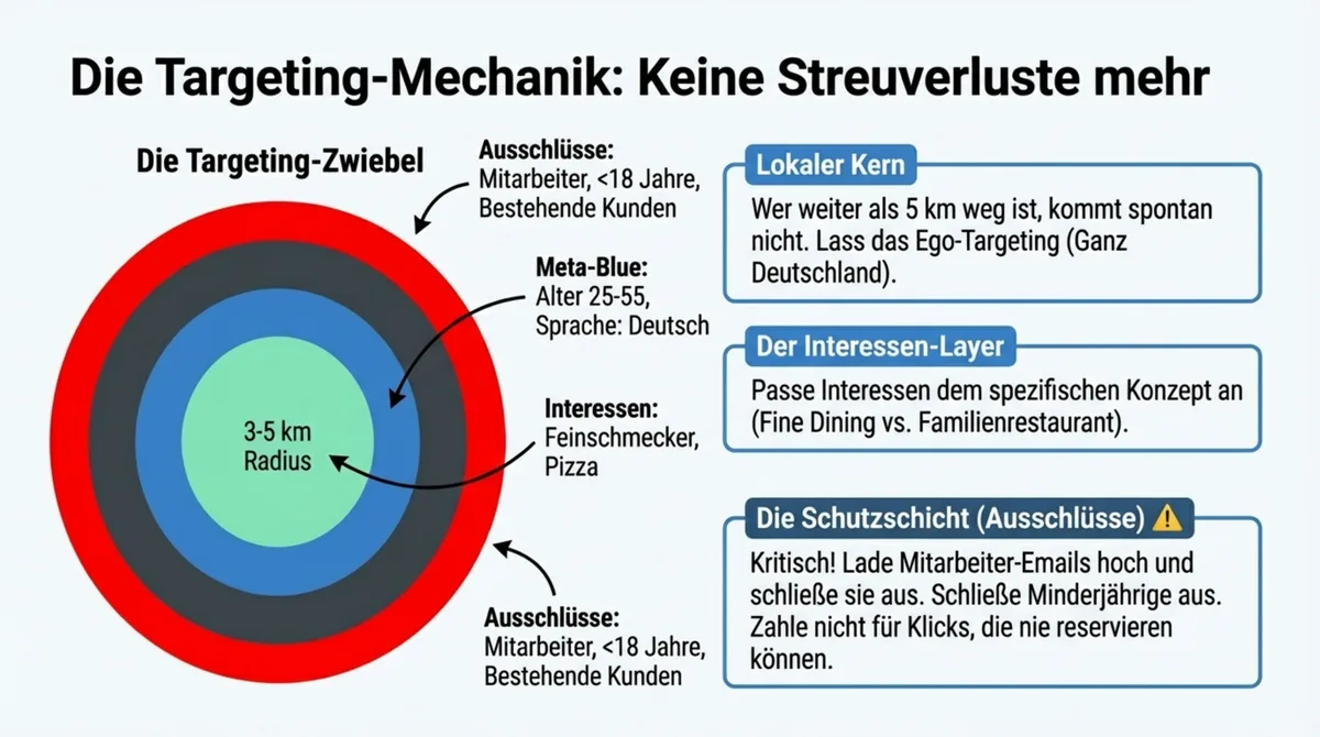 Facebook Ads Targeting Restaurant: Die Targeting-Zwiebel – 3-5 km Radius, Interessen-Layer und Ausschlüsse