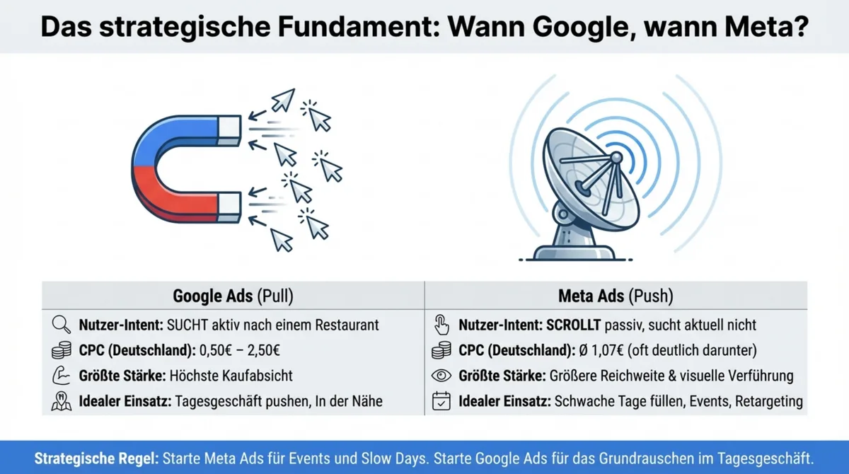 Facebook Meta Ads vs. Google Ads Restaurant: strategischer Vergleich – Pull vs. Push, CPC und idealer Einsatz