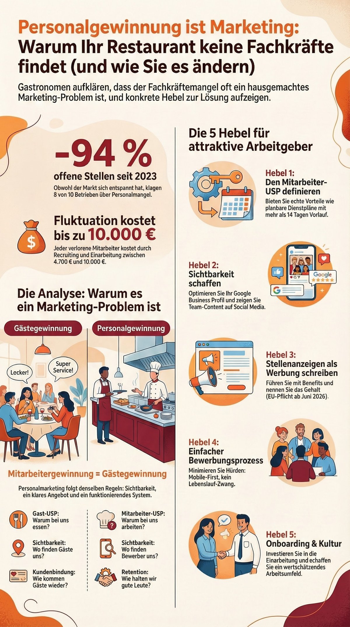 Die 5 Hebel für attraktive Arbeitgeber in der Gastronomie: Mitarbeiter-USP, Sichtbarkeit, Stellenanzeigen, Bewerbungsprozess und Onboarding
