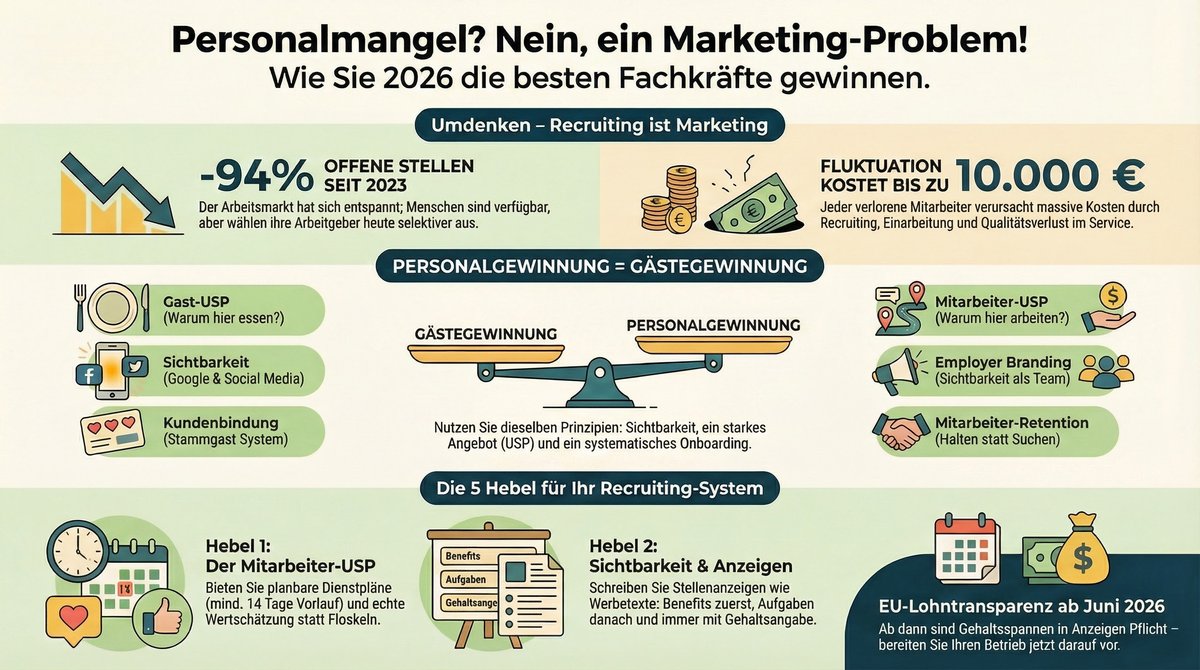 Personalgewinnung in der Gastronomie 2026: Recruiting-System mit Mitarbeiter-USP, Sichtbarkeit und den 5 Hebeln für attraktive Arbeitgeber