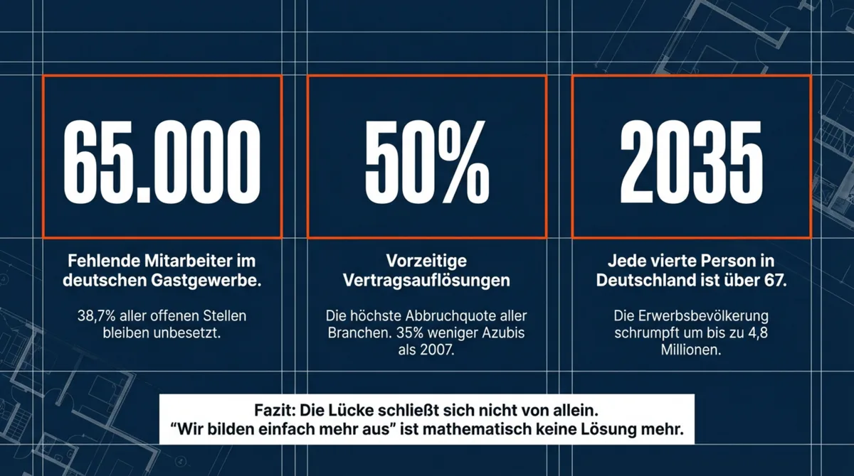 Fachkräftemangel Gastronomie: 65.000 fehlende Stellen, 50% Abbruchquote, Demografieproblem bis 2035