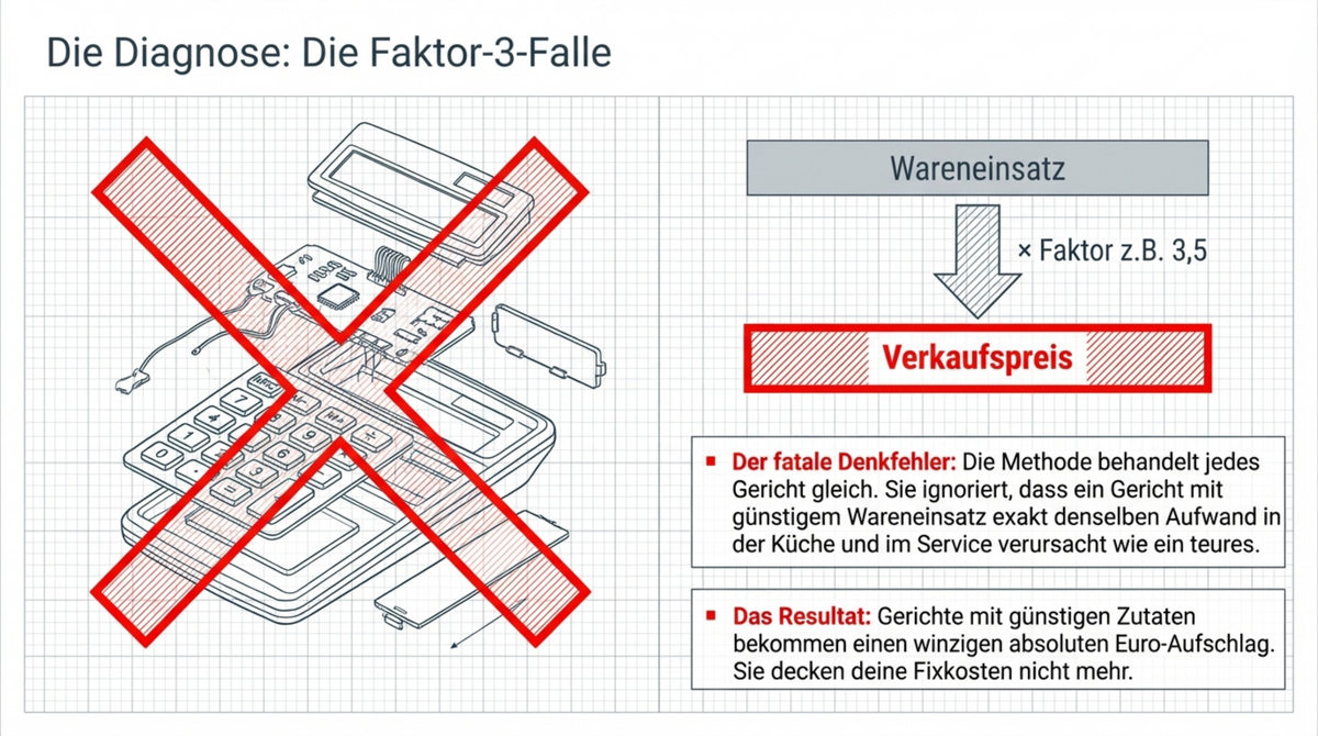 Die Faktor-3-Falle: Aufschlagskalkulation behandelt jedes Gericht gleich und ignoriert dass günstige Zutaten die Fixkosten nicht decken