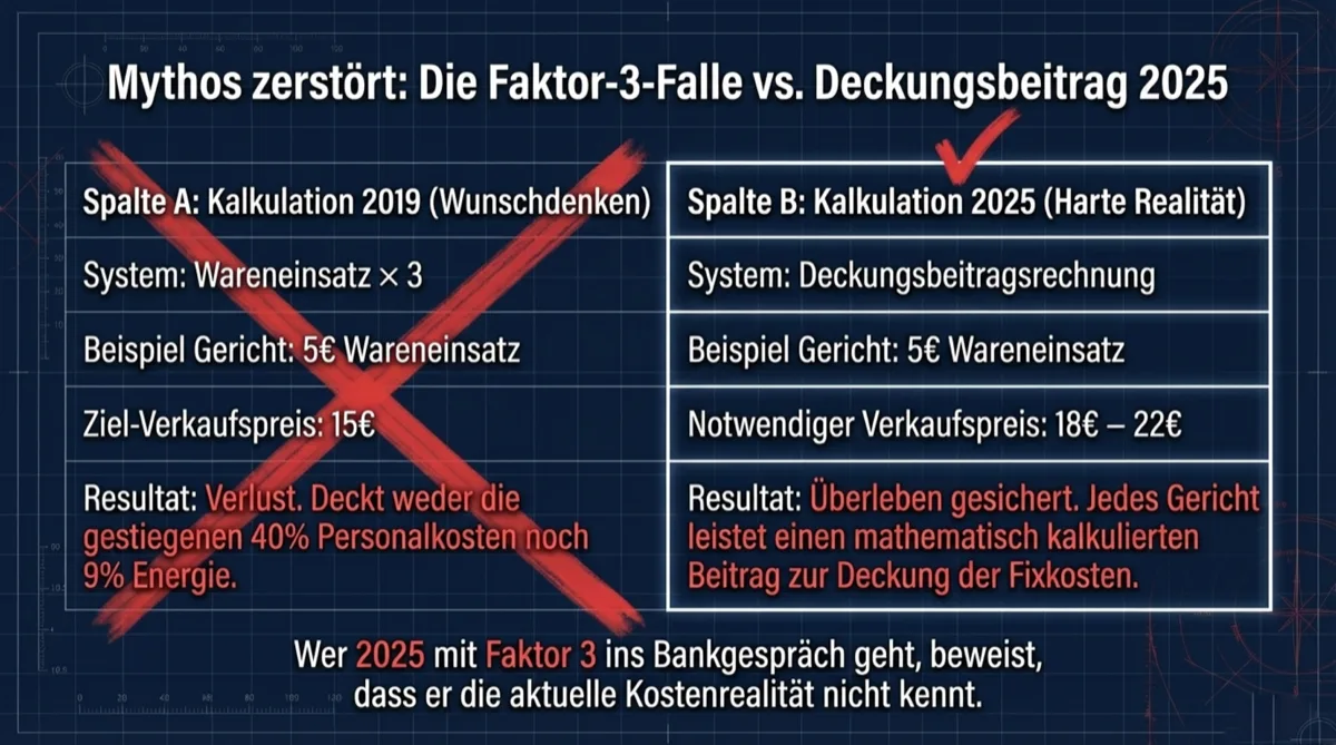 Vergleichstabelle: Faktor-3-Kalkulation 2019 vs. Deckungsbeitragsrechnung 2026 — warum alte Formeln in die Insolvenz führen