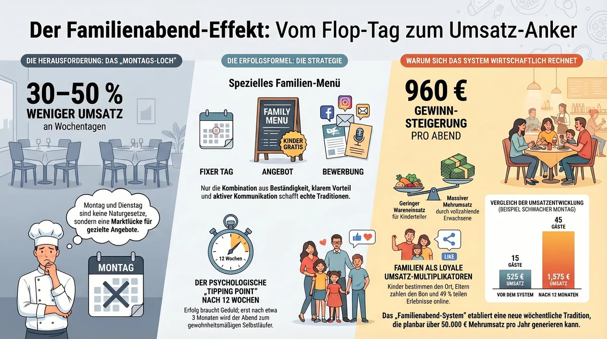 Infografik: Der Familienabend-Effekt – Vom Flop-Tag zum Umsatz-Anker mit 960 EUR Gewinnsteigerung pro Abend