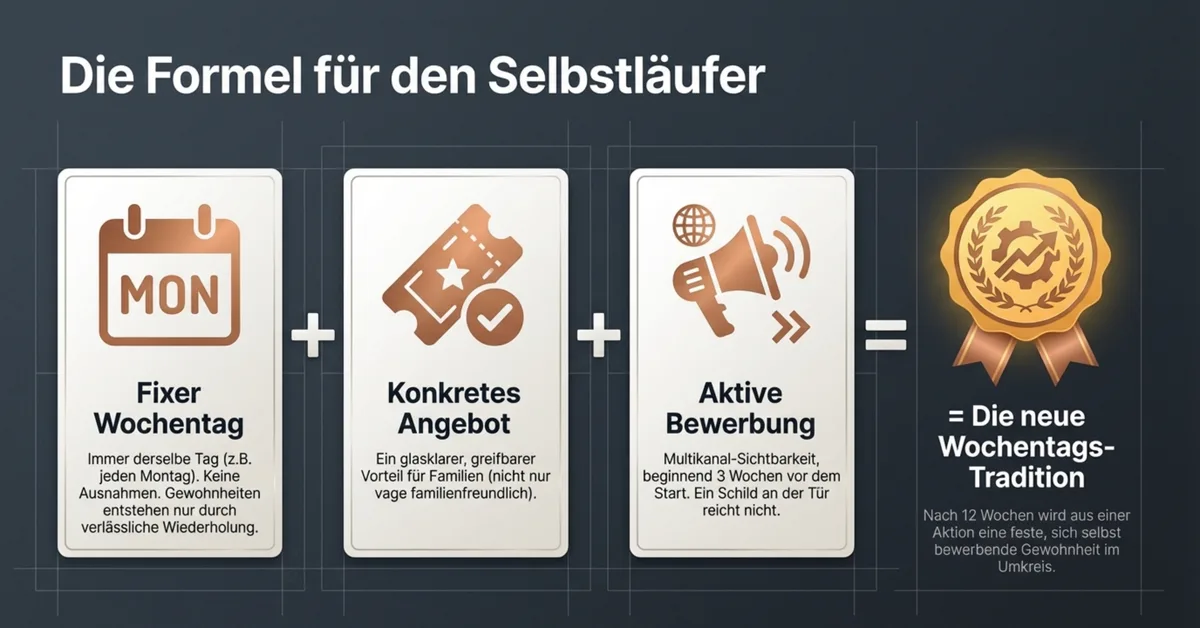 Infografik: Fixer Wochentag + Konkretes Angebot + Aktive Bewerbung = Neue Wochentags-Tradition