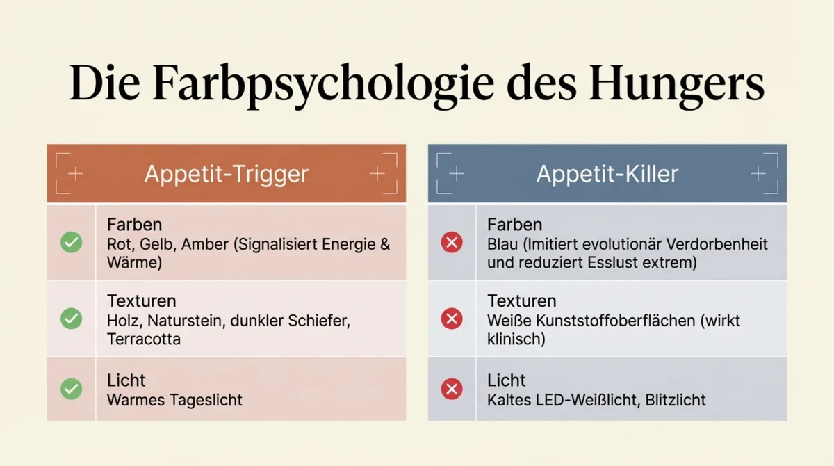 Farbpsychologie in der Speisefotografie: Appetit-Trigger Rot Gelb Amber vs. Appetit-Killer Blau