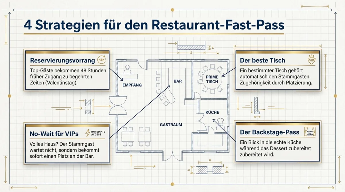 4 Strategien für den Restaurant-Fast-Pass: Reservierungsvorrang, bester Tisch, No-Wait für VIPs und Backstage-Pass im Restaurant-Grundriss