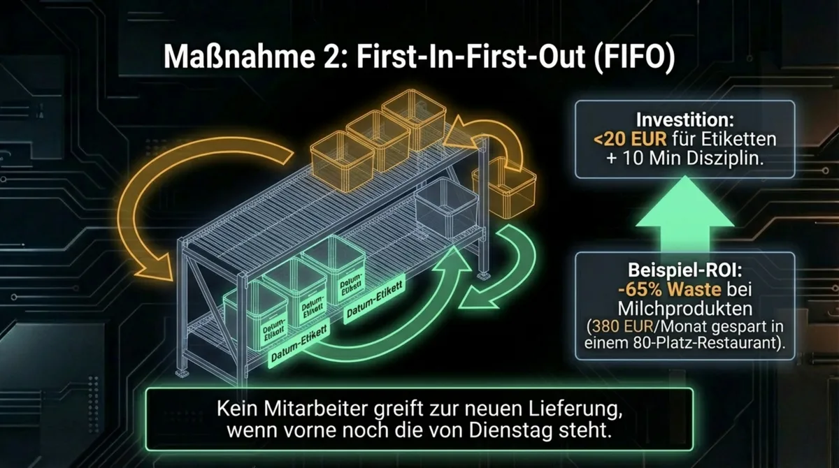 FIFO First-In-First-Out Bestandsmanagement Restaurant: Datum-Etiketten reduzieren Lebensmittelverschwendung
