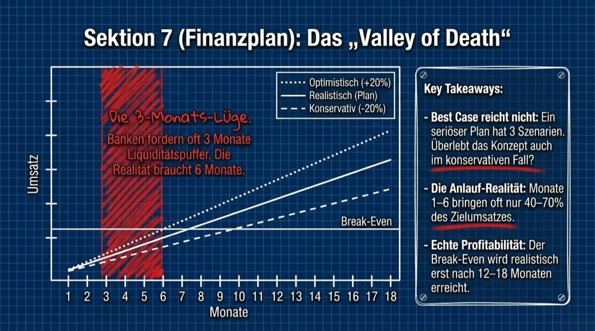 Das Valley of Death im Finanzplan: Break-Even realistisch erst nach 12-18 Monaten, drei Szenarien für die Bank
