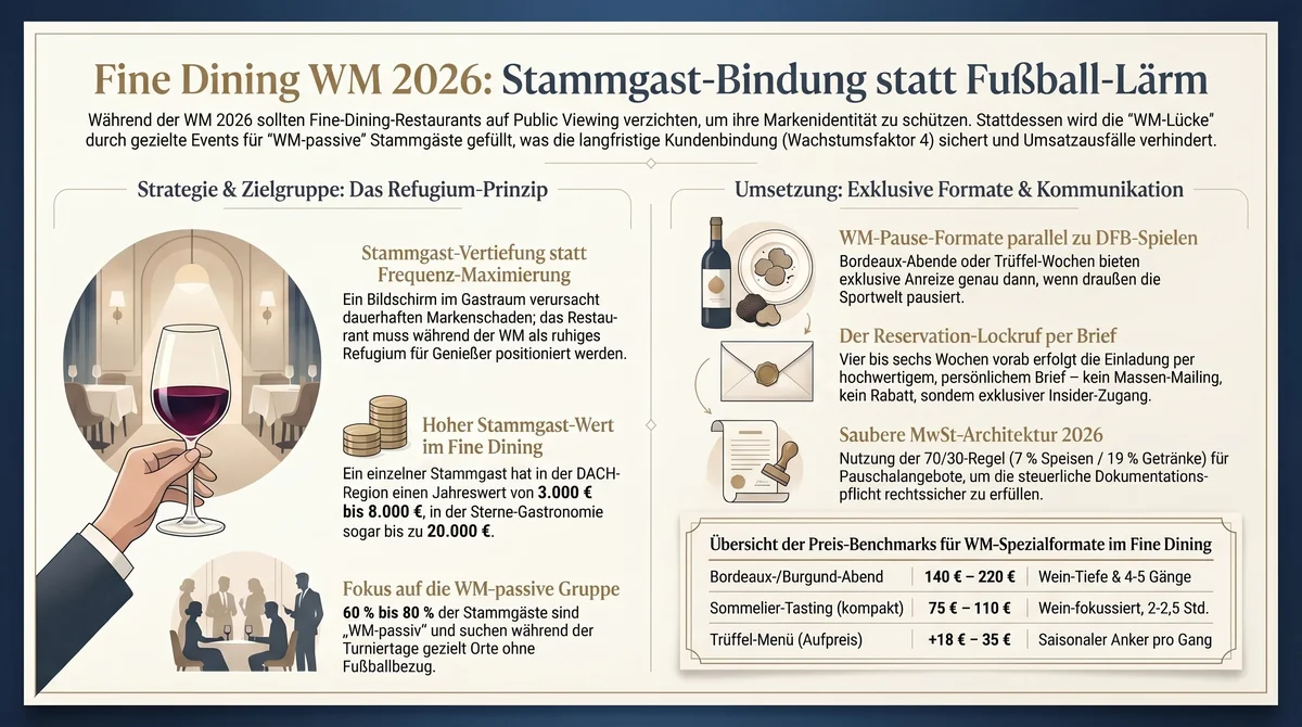 Fine Dining WM 2026: Stammgast-Bindung statt Fußball-Lärm – Infografik mit Refugium-Prinzip, WM-Pause-Formaten, Reservation-Lockruf und MwSt-Architektur 70/30