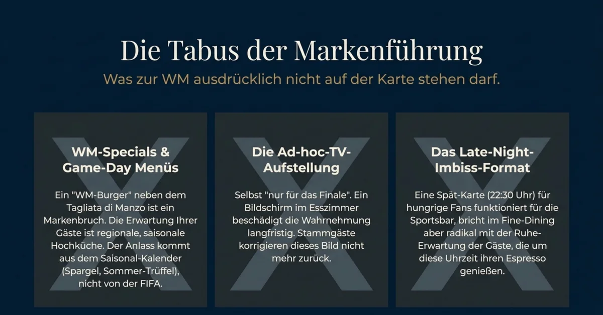 Die drei Tabus der Markenführung zur WM 2026 im Fine-Dining: Keine WM-Specials und Game-Day-Menüs, keine Ad-hoc-TV-Aufstellung, kein Late-Night-Imbiss-Format