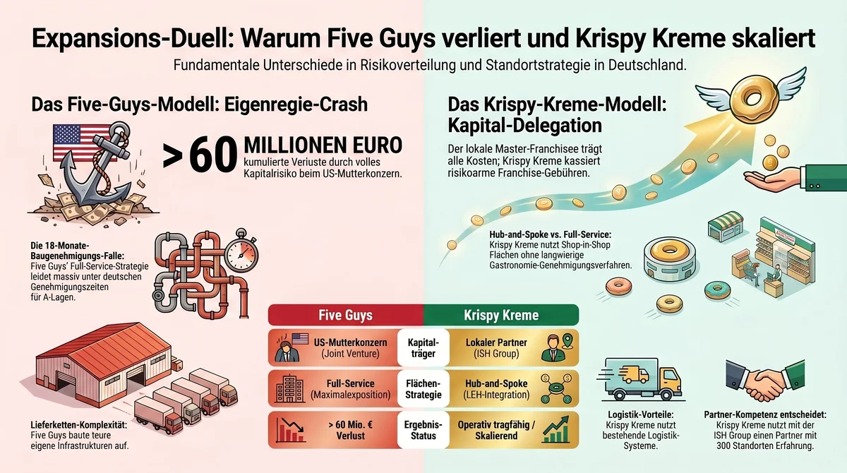 Five Guys Eigenregie-Crash vs. Krispy Kreme Kapital-Delegation Deutschland Vergleich Infografik