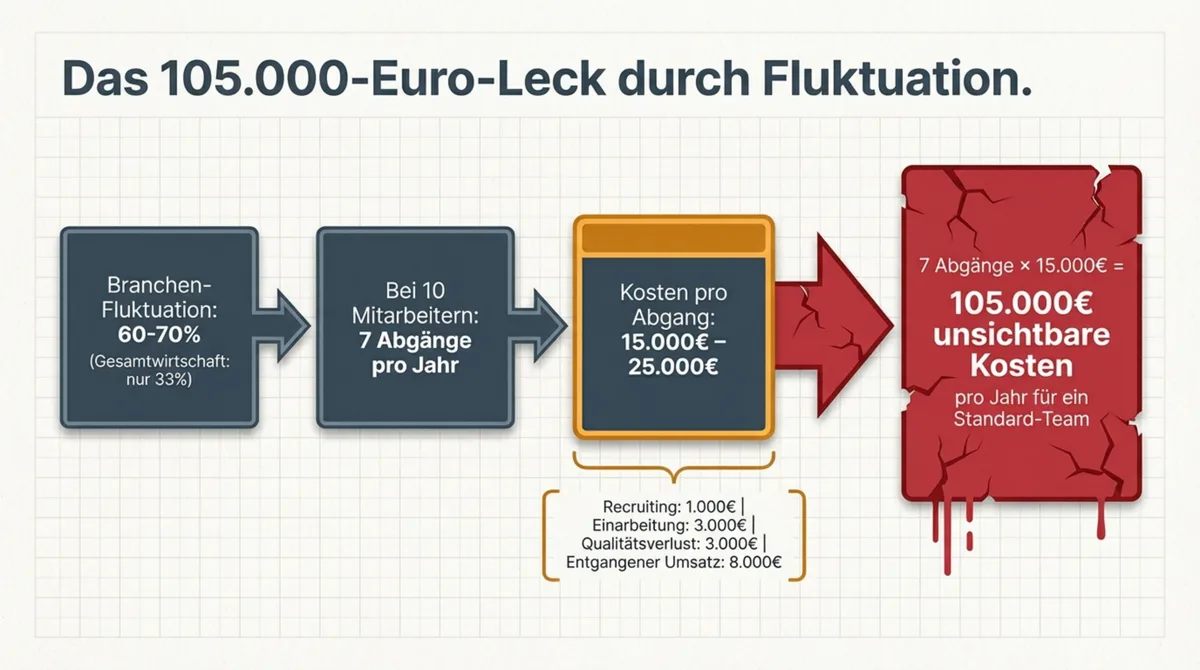 Fluktuation Gastronomie: 7 Abgänge pro Jahr mal 15.000 Euro ergibt 105.000 Euro unsichtbare Personalkosten