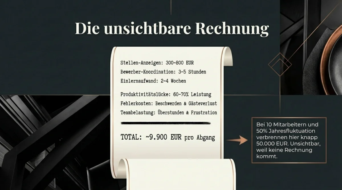 Fluktuationskosten Gastronomie – die unsichtbare Rechnung: Stellenanzeigen, Bewerber-Koordination, Einlernaufwand, Produktivitätslücke, Fehlerkosten, Teambelastung – Total 9.900 EUR pro Abgang