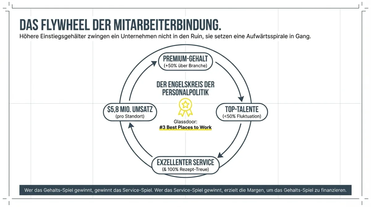 Das Flywheel der Mitarbeiterbindung: Premium-Gehalt führt zu Top-Talenten, exzellentem Service und 5,8 Mio Umsatz pro Standort