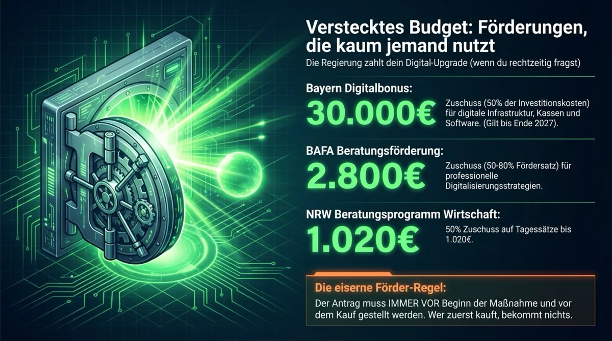Förderungen für Gastro-Software: Bayern Digitalbonus bis 30.000 Euro, BAFA Beratungsförderung 2.800 Euro, NRW Beratungsprogramm 1.020 Euro